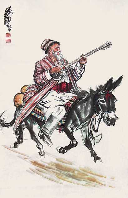 黄胄 近代作 新疆老人骑驴图 立轴